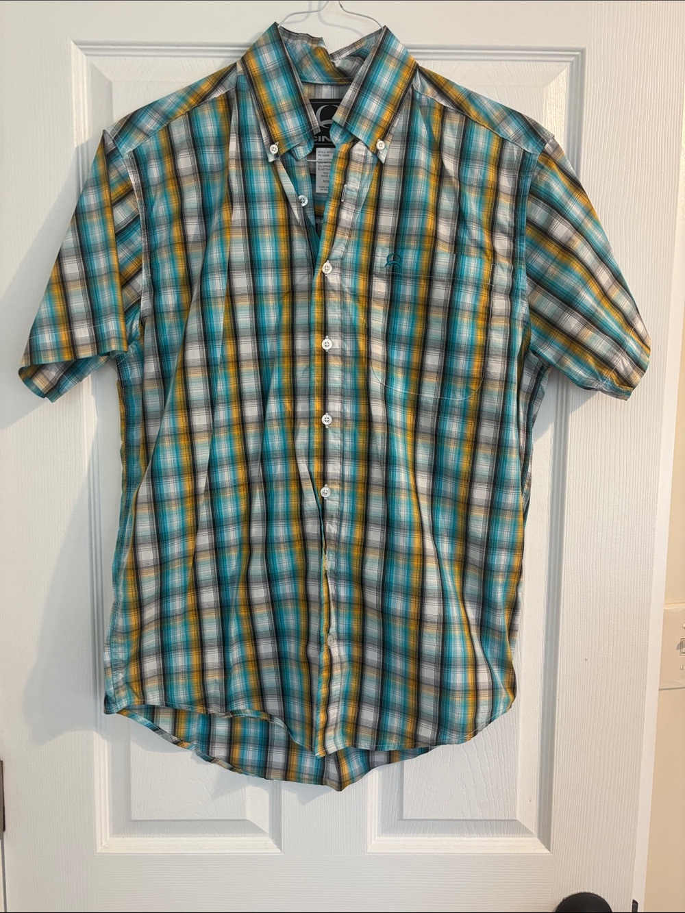 Cinch Short-Sleeve Plaid Button-Down Shirt - Teal, Yellow & White